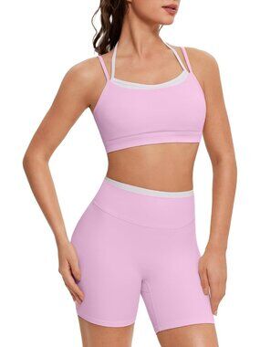 Women's Light Pink Doubel Layer Open Back Activewear Sports Bra & Gym Shorts Set